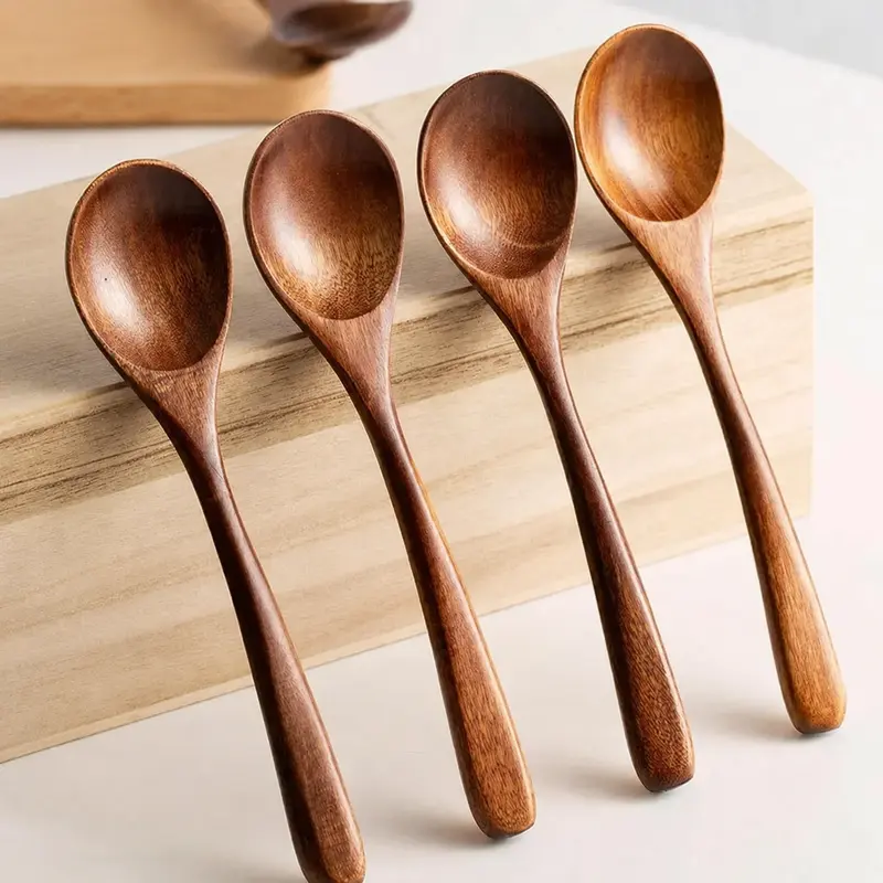 Coffee Brown Natural Wooden Spoon Set - 4/6 Counts Multi-Size Food Grade Heat Resistant Solid Long-Handle Stirring Utensils, Durable Kitchenware for Cooking, Baking