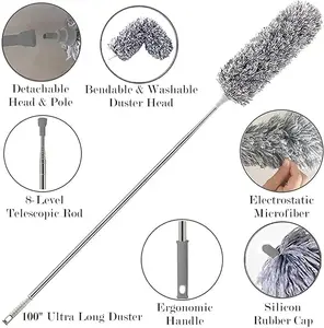 Microfiber Feather Duster Bendable & Extendable Fan Cleaning Duster with 100 inches Expandable Pole Handle Washable Duster for High Ceiling Fans, Window Blinds, Furniture (Grey)