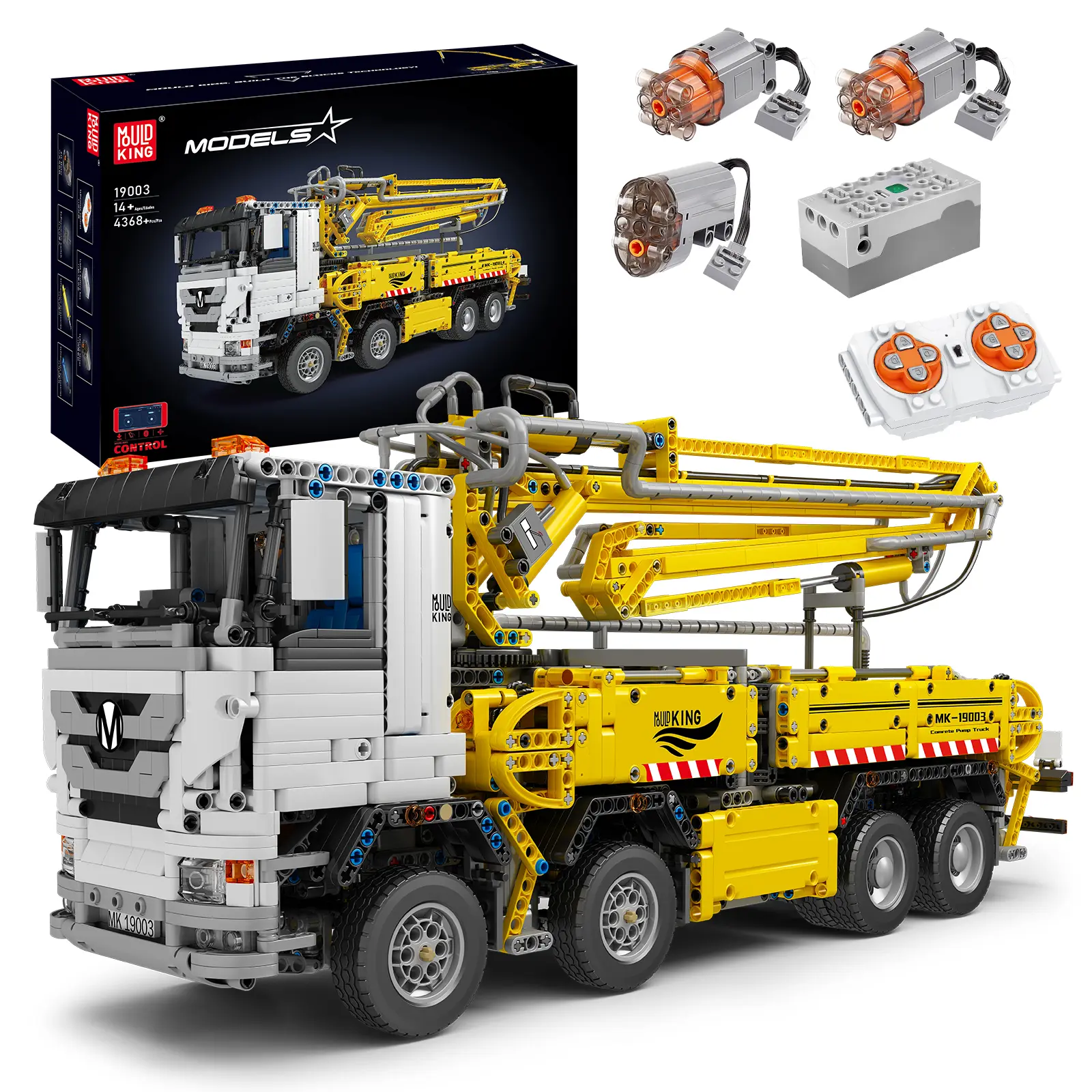 Mould King 19003 Carbon Fiber Concrete Pump Truck ABS Building Block Kit, MOC Set with Motor/APP Remote Control, 4368 Pieces, Gift for 12 Years Above Lovers with Lithium Battery