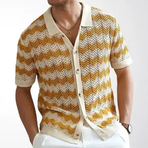 Men's Vintage Hong Kong Style Wave Pattern Hollow Knit Shirt with Turn-down Collar, Summer Short Sleeve Casual Polo Shirt
