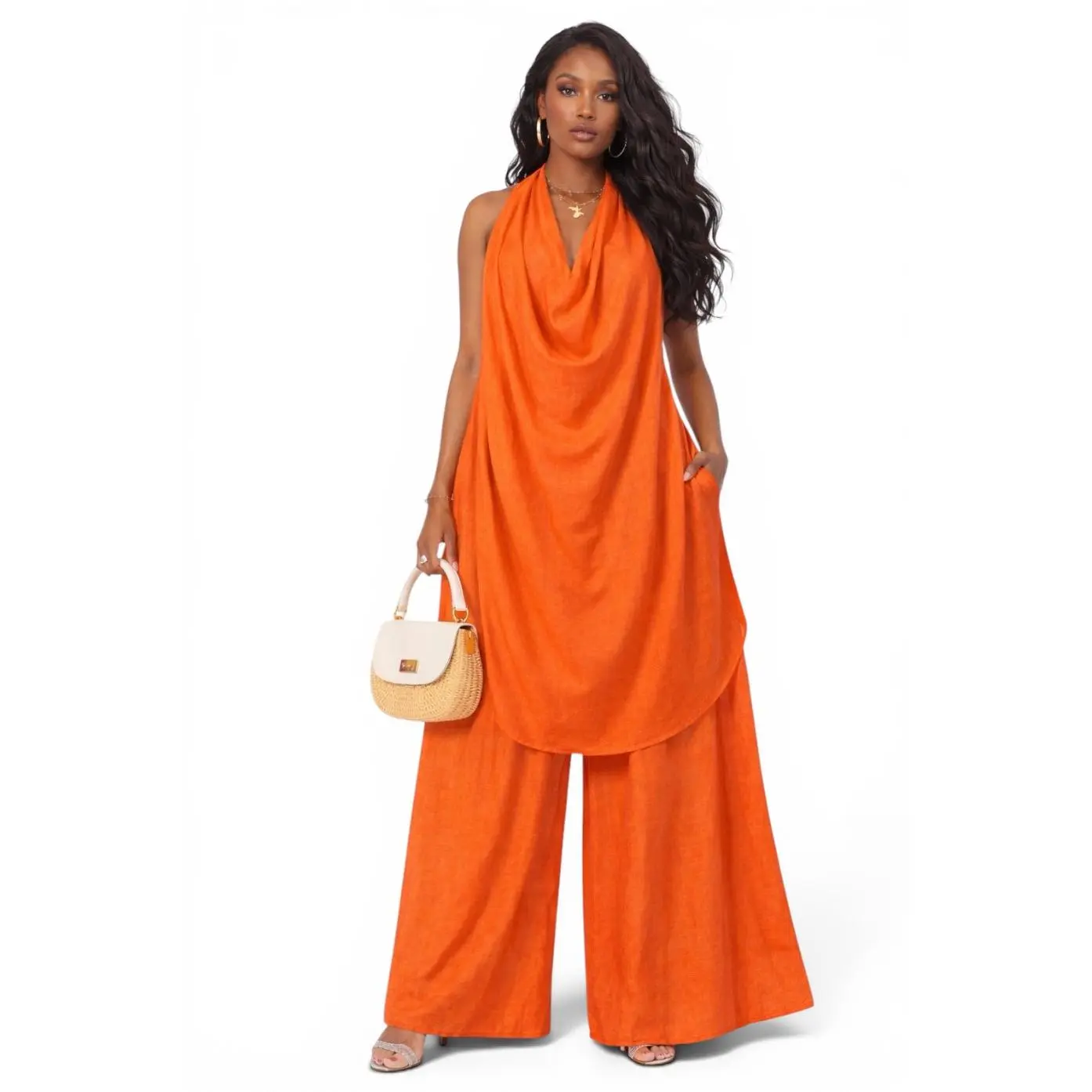 Sleeveless Draped Halter Top & Wide Leg Pants Matching Set