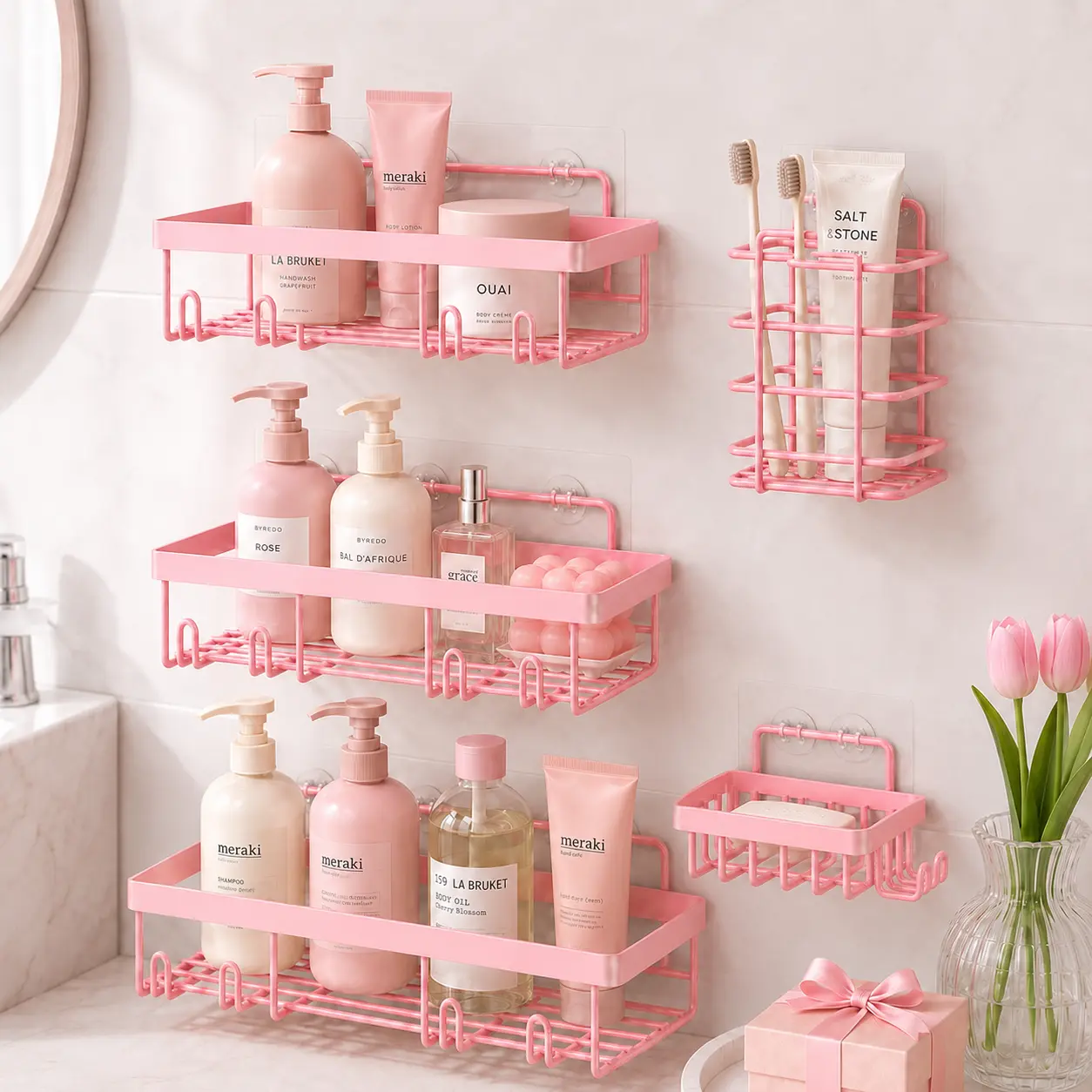 Pink Traditional Wall Mount Bathroom Organizer Set - 5-Pack Carbon Steel Waterproof Compact Shower Caddy Shelves with Adhesive Hooks for Shampoo, Skincare, Makeup & Apartment Bathroom Decor, Storage