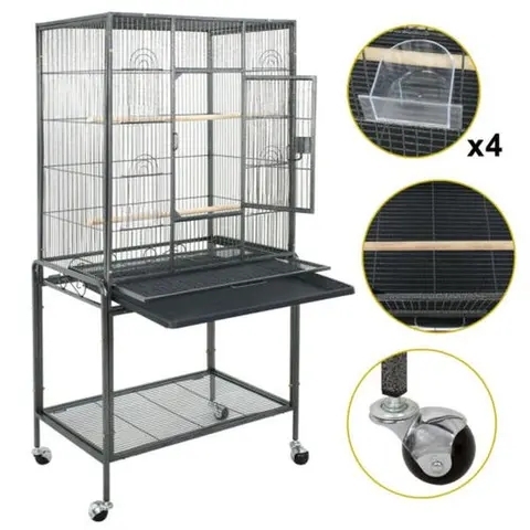 ZENY 53-Inch Durable Iron Cage with Wood Accents - Rolling Wheel Stand, Roosting Perch, Easy-Clean Design, for Cockatiels, Black