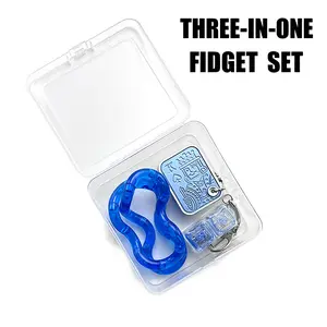 3-IN-one Fidget Toys,Blue Set,EDC Poker Slider,Fidget Keychain Keyboard,Pain Fidget-3D Printed Spiky Grippie Stim Keychain,Stress-Relieving Magnetic Balls,Gift for Friends