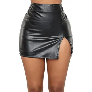 Women PU Leather Bodycon Short Skirt High Waisted Stretchy Asymmetrical Split Hem Hip Wrap Mini Skirt