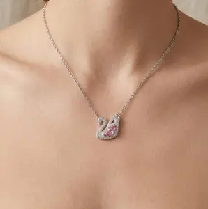 Elegant Swan Jewelry Set – Pink Crystal Necklace & Bracelet, Silver Alloy, Graceful Design, Sparkling Stones, Romantic Gift