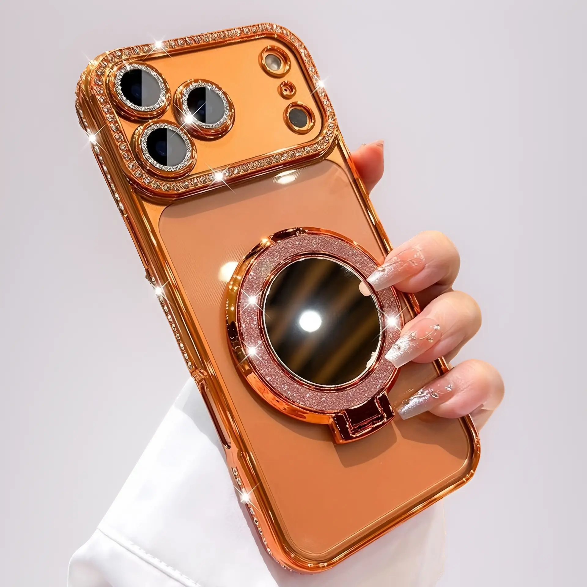 Luxury Rhinestone Smartphone Case for iPhone 17 Pro Max-16 Pro Max-15-14-13, Transparent Polycarbonate Full-Coverage Anti-Drop Case, Glitter Makeup Mirror Stand, Magnetic Holder, Lens Screen Protector