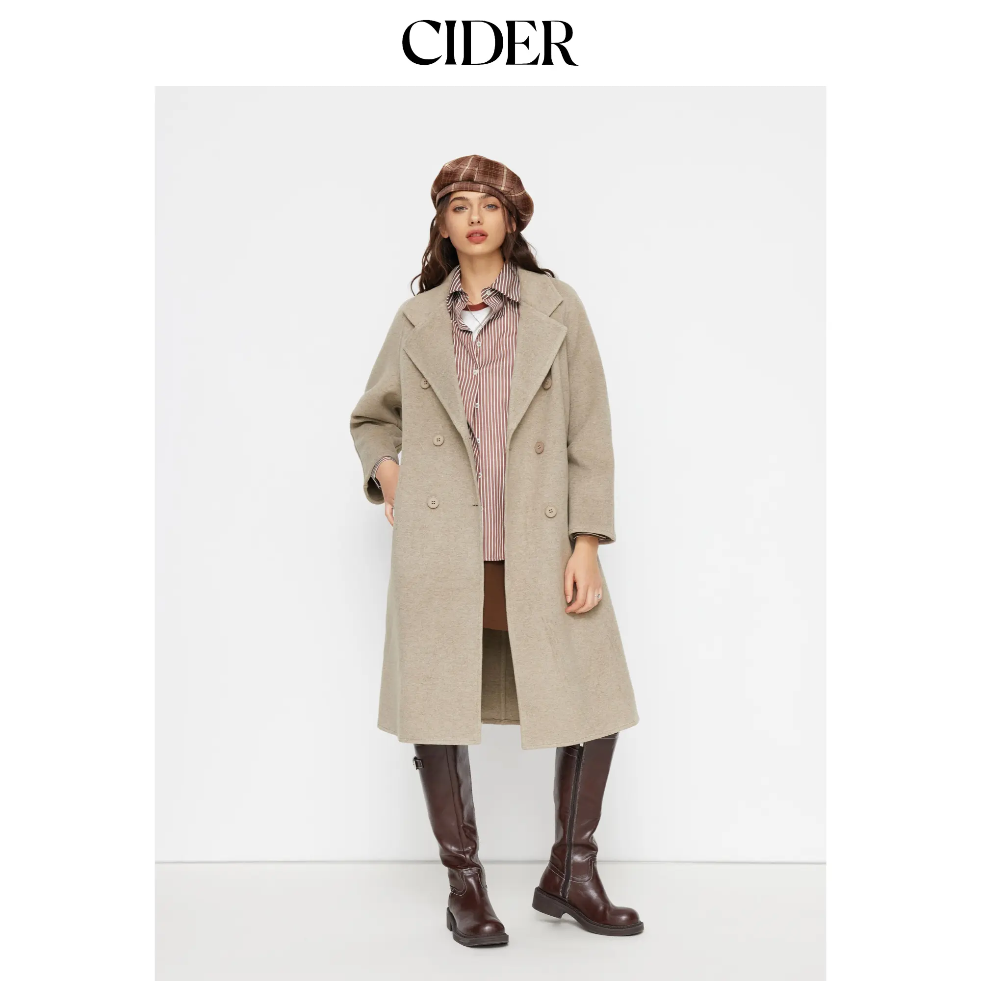 Cider Women's Solid Double-Faced Wool-Look Notched Collar Double-Breasted Longline Belted Coat, Women's Tops & Jackets, Outerwear, Wool-Like Fabric, Trench Coat, Lady, Clothes, Belted Waist, Classic Coat