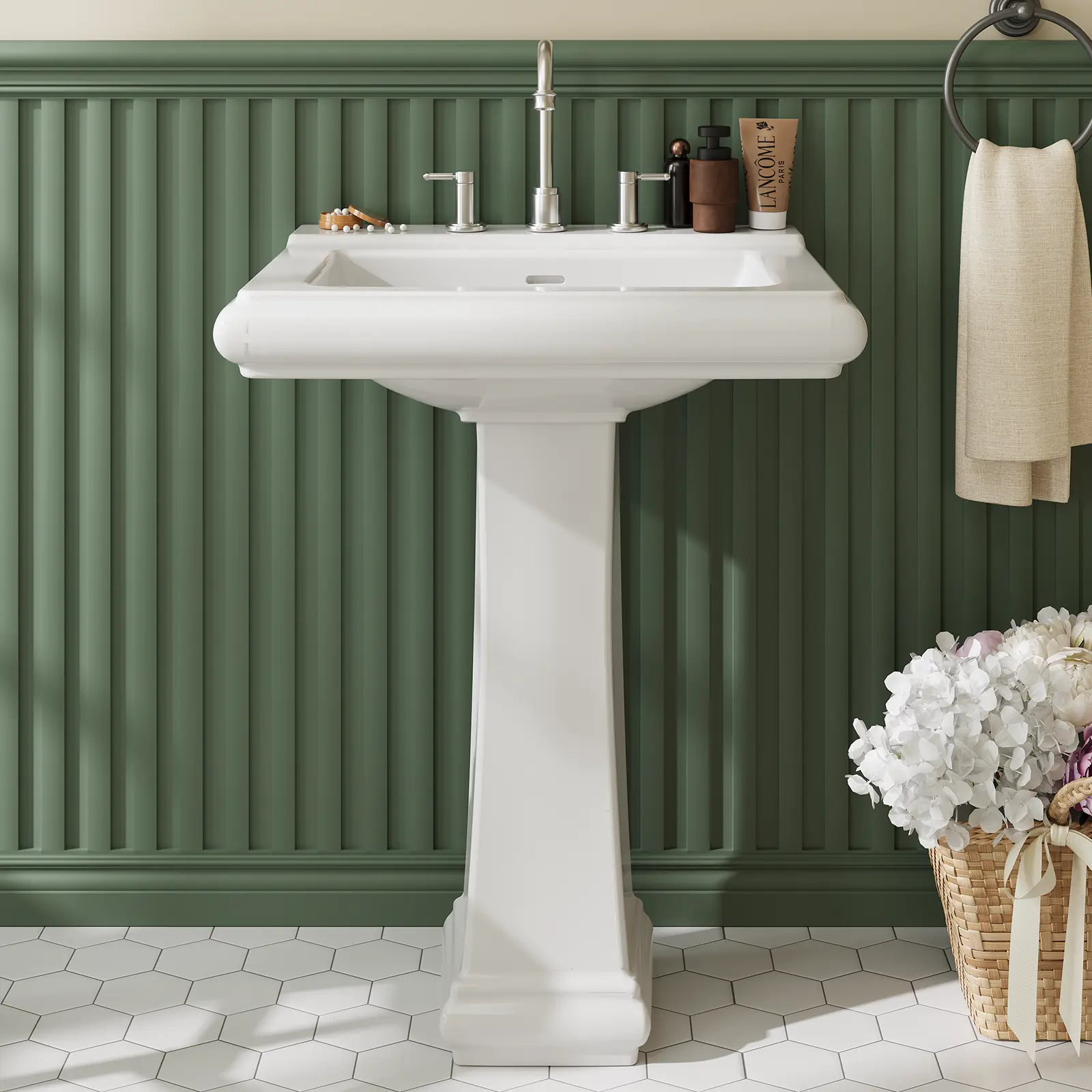 Bathroom Pedestal Sink, 26" Pedestal Sinks for Bathroom, White Ceramic Pedestals Sink With Overflow & 3 Pre-Drilled Holes for 4-8-Inches Faucets