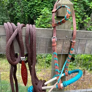 Teal Complete Bosal Bridle Set Rawhide Bosal Nylon Mecate Rein