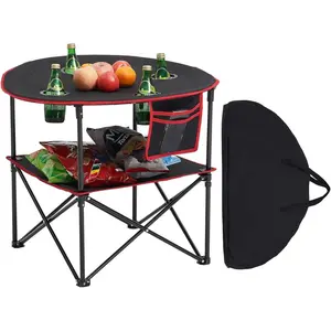 Folding Camping Table, Portable Outdoor Lightweight Picnic Table, 600D Oxford Fabric Waterproof Canvas Travel Beach Tables, with 4 Cup Holders, Carry Bag, for Tailgating Camping Picnic, Black