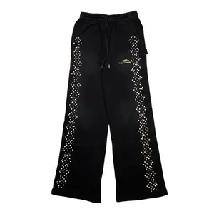 Women's Relaxed Fit Oversize Crystal-Accent Full-Length Black Jogging Pants - Multi-Size Lady Sweatpants for Casual Wear, HMDD (Happy Memories Don't Die) Bottoms