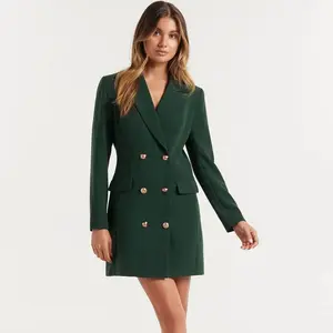 Women's Double-Breasted Blazer Dress - Tailored Fit with Gold-Tone Buttons, Long Sleeve Mini Suit Dress Dark Green S