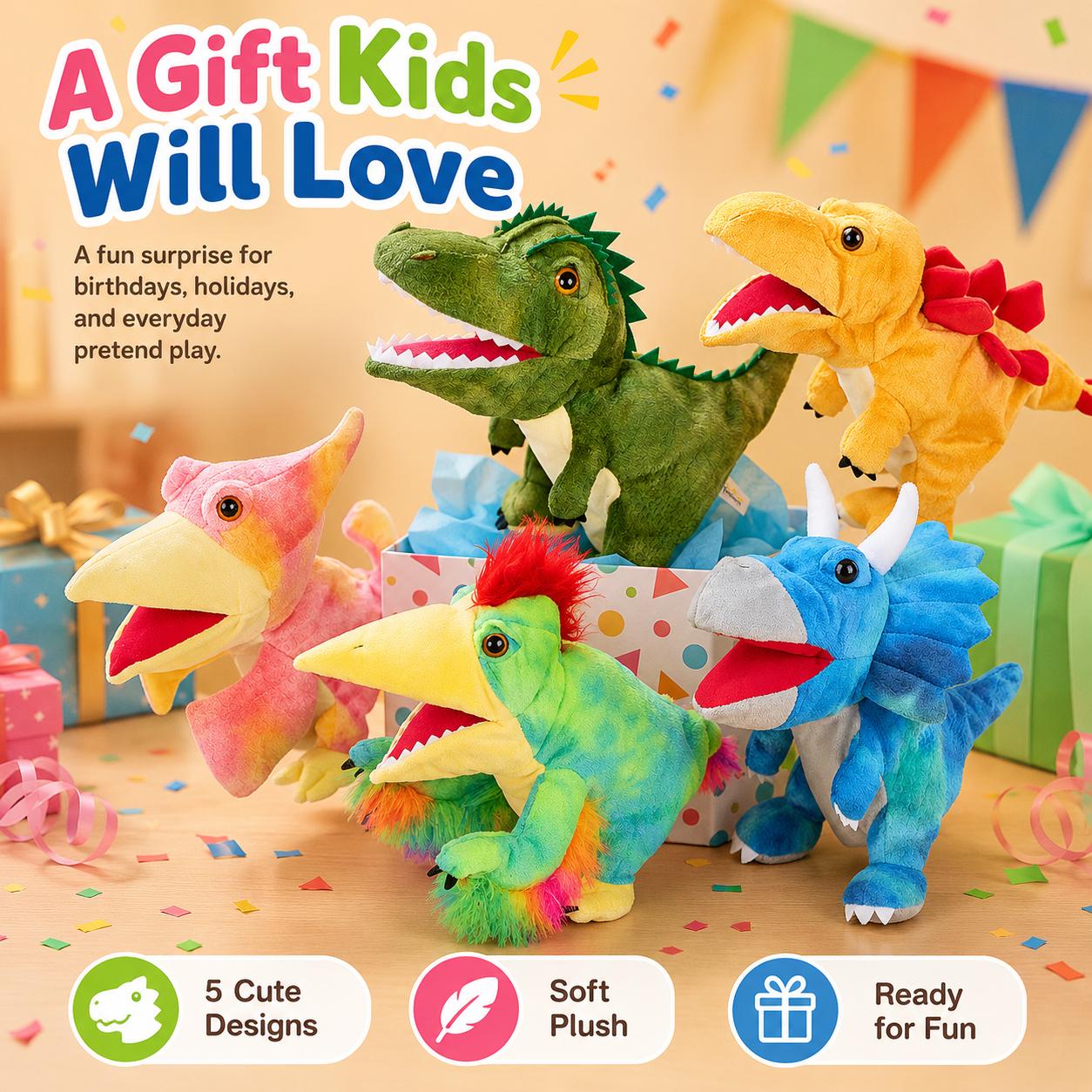 5 Styles Dinosaur Hand Puppet Soft Plush Dino Toy for Kids Storytelling, Role Play, Family Playtime and Classroom Activities