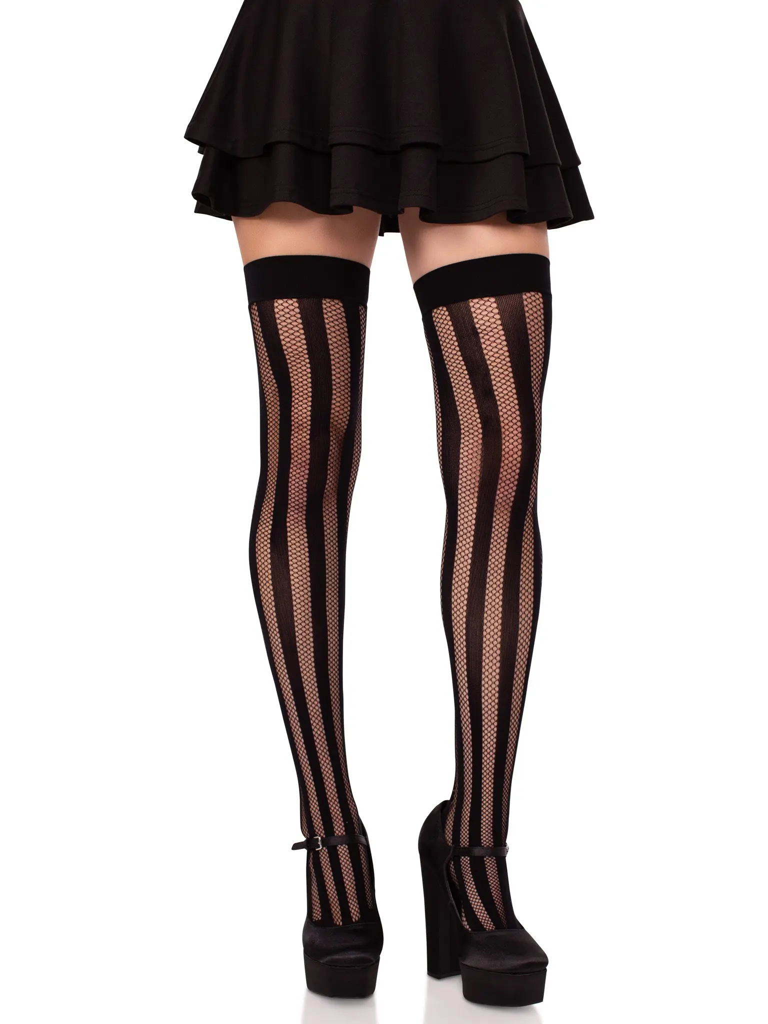 Women's Thigh High Stockings - Edgy Opaque and Fish Net Striped Hosiery Alternative, Stretchy Comfortable Spandex Fabric with Reinforced Toe, Breathable, Day