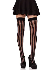 Women's Thigh High Stockings, Edgy Opaque and Fishnet Striped, Soft Breathable Spandex Fabric with Reinforced Toe