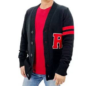 Hip Hop 50's Shop - Black R Mens 1950s Letterman Cardigan Sweater Classic Fashion vintage wardrobe Menswear Retro Knitwear Acrylic Jeans