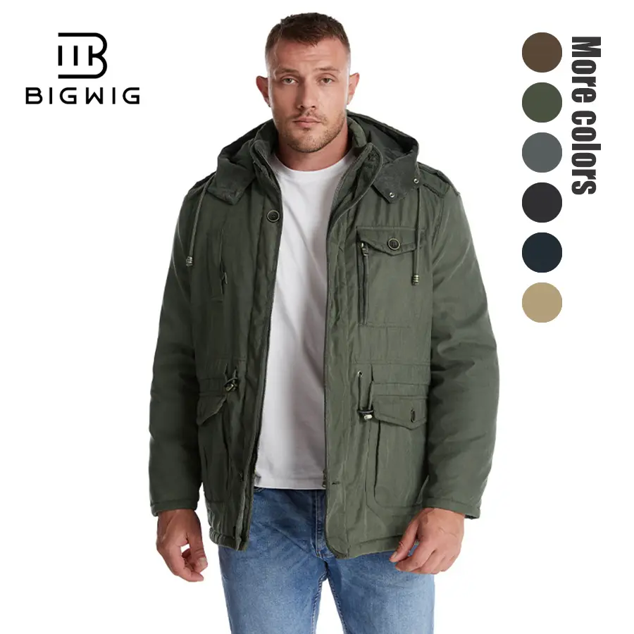 BIGWIG Men's Winter Outerwear: Thick Hooded Jacket, Windproof Jacket, Thick Multi-Pocket Warm Lined Coat, Lambswool Hooded Cotton Jacket, Mid-Length Cotton Coat, Warm Snow Parka, Suitable for Hiking and Outdoor Wear