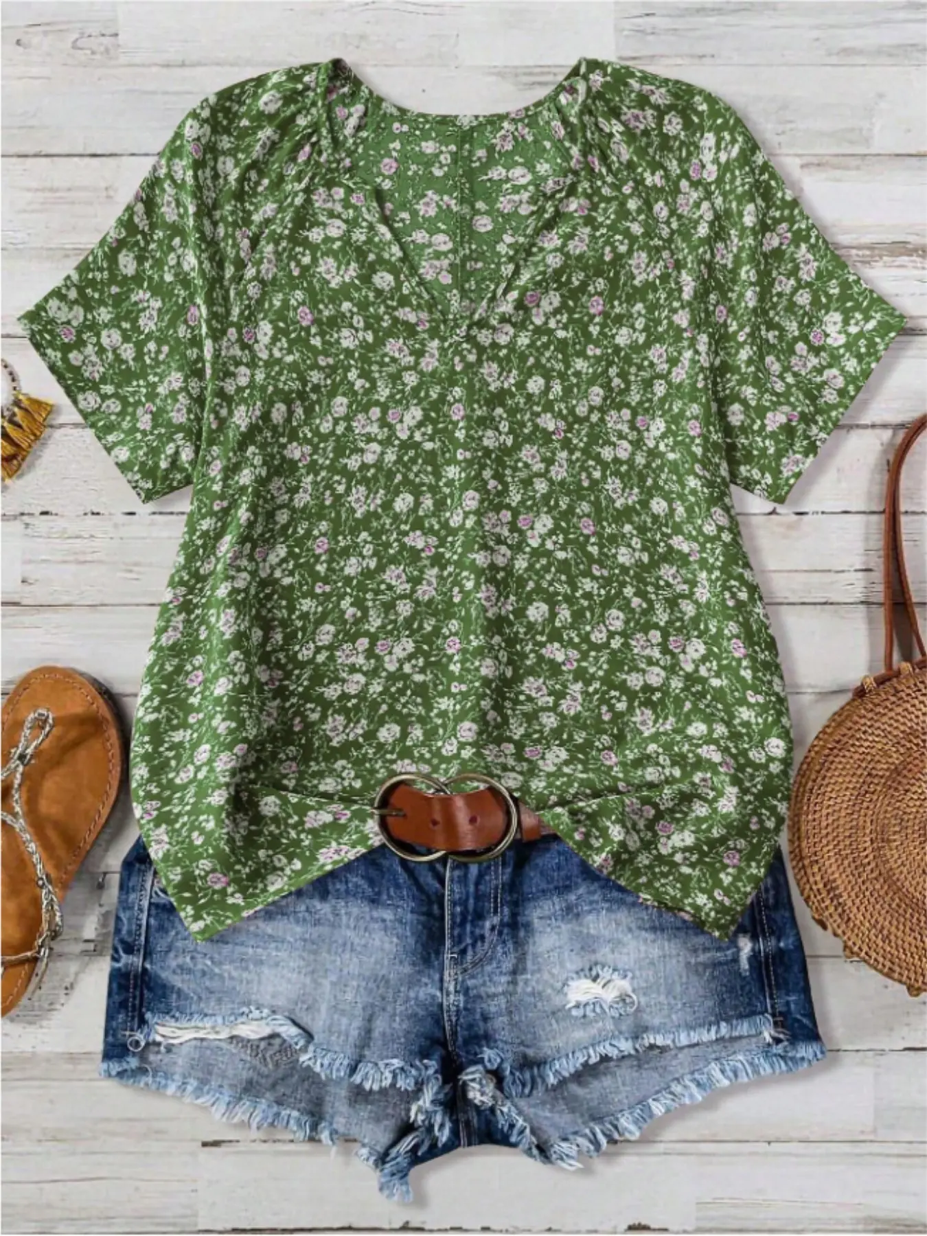Base Ditsy Floral V-Neck Short Sleeve Blouse, Beach Shirt, Shirts, Boho Cottagecore Blouse, Loose-Fitting Summer Retro Chic Lightweight Chiffon Commuter Top, Boho Flowy Tops, Spring & Fall Fashion, Everyday