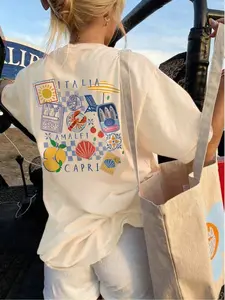 Women's Summer New Lemon Shell Fish Lobster Print Casual Beach Vacation Loose Fit Round Neck, Comfortable Versatile Daily Wear Short Sleeves Tops Casual Everyday Tops