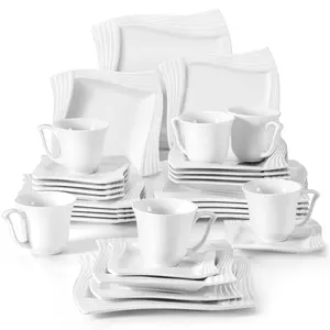 MALACASA Porcelain Dinnerware Sets 30 Pcs with Square Dish Set, Dinner Plates, Dessert Plates, Soup Bowls, Cups & Saucers, Series Amparo Cutlery Tableware Winter Holiday