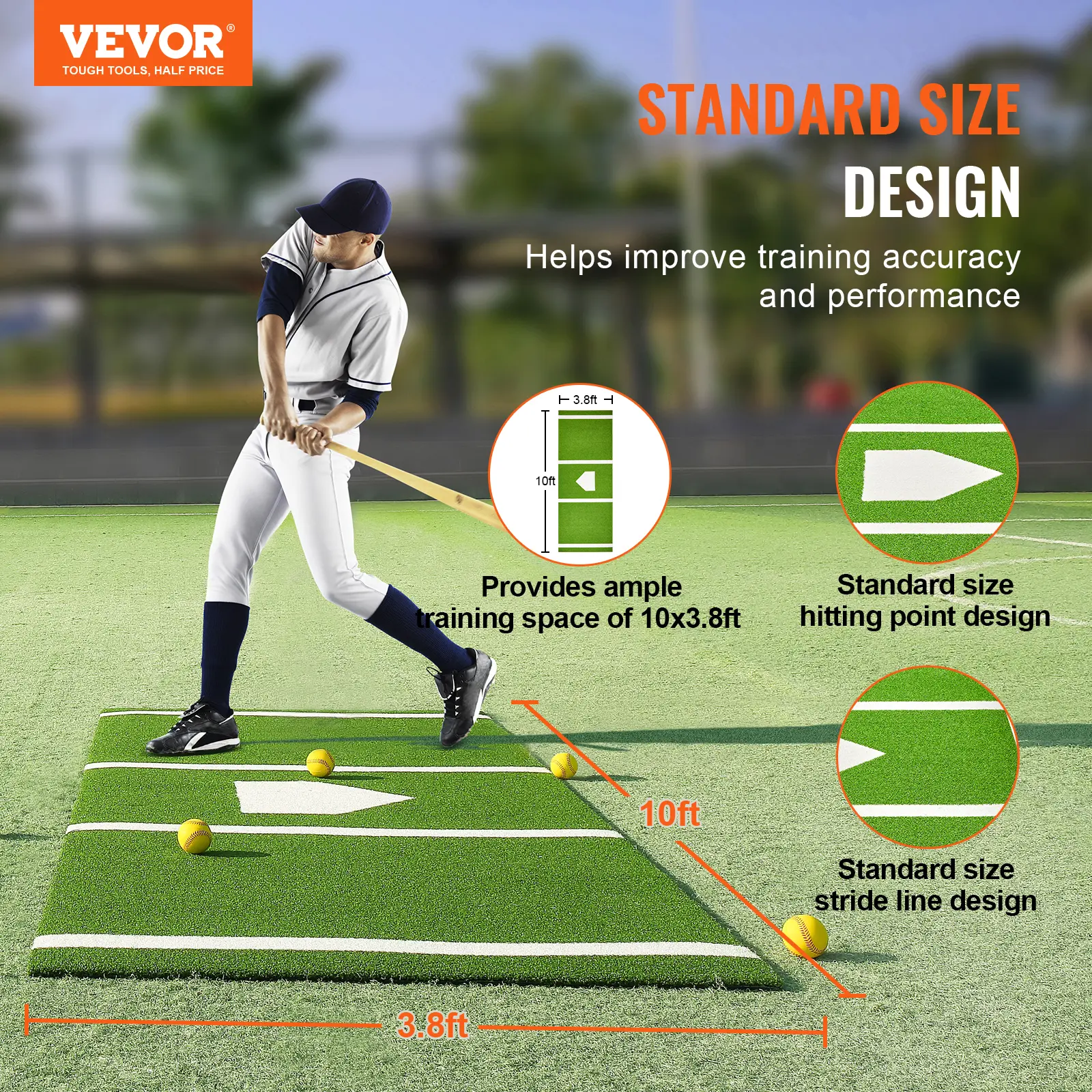 【summerfinds】VEVOR Baseball Softball Hitting Batting Mat, 10' x 3.8' Indoor/Outdoor Softball Mat, Lined & Foam Backing Anti-Slip Anti-Fade Softball Training Aid, Portable Practice Mat with Tightening Rope, Green
