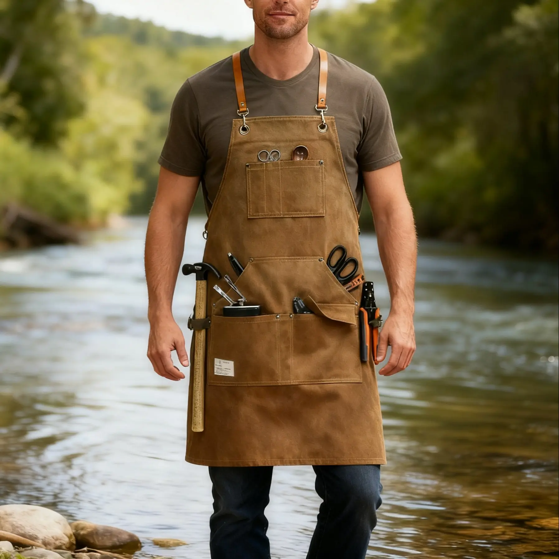 Thick Canvas Cross-Back Apron, Vintage Design Large Capacity Tool Pockets, Durable and Practical, Suitable for Carpenters, Craftsmen, Gardeners