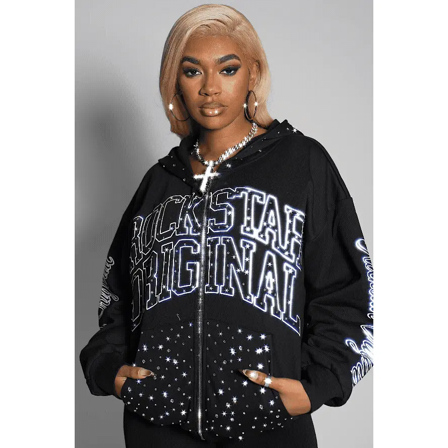 Alvina Black Rhinestone Zip Up Hoodie - TikTok Shop