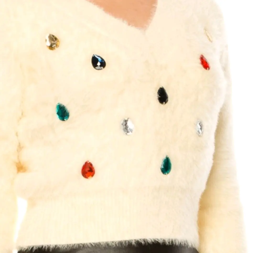 Bejeweled Faux Fur Crop Sweater fall sweater