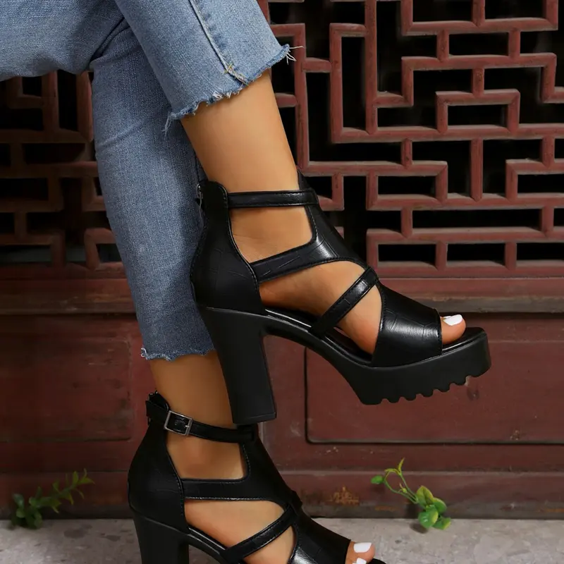 Summer Date Essential, Heeled Footwear, Thick Sole Waterproof Pu Leather Material Chunky Heel High Heel Sandals, Party Shoes, Higher Platform Sandals, Elevate Your Height Without Tiring Feet, Versatile Women's Shoes, Strappy Heels