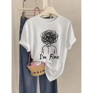Quirky Contrast 'I'M Fine' Messy Hair Printed T-Shirt, Regular Fit, Comfortable Fabric, Casual And Fun Top for Everyday Wear