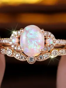 Beautiful Pink Fire Synthetic Opal Oval Stone Ring Sets For Women Fashion Engagement Rings Vintage Gold Color Engagement Rings Set Wedding Jewelry Versatile Gift