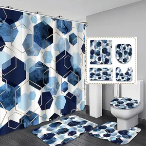 Modern Geometric Hexagon Shower Curtain Set, Blue Gradient, Trim, Bathroom Shower Equipment, Includes 12 Plastic Hooks, Non-Slip Mat, Toilet Lid Pad