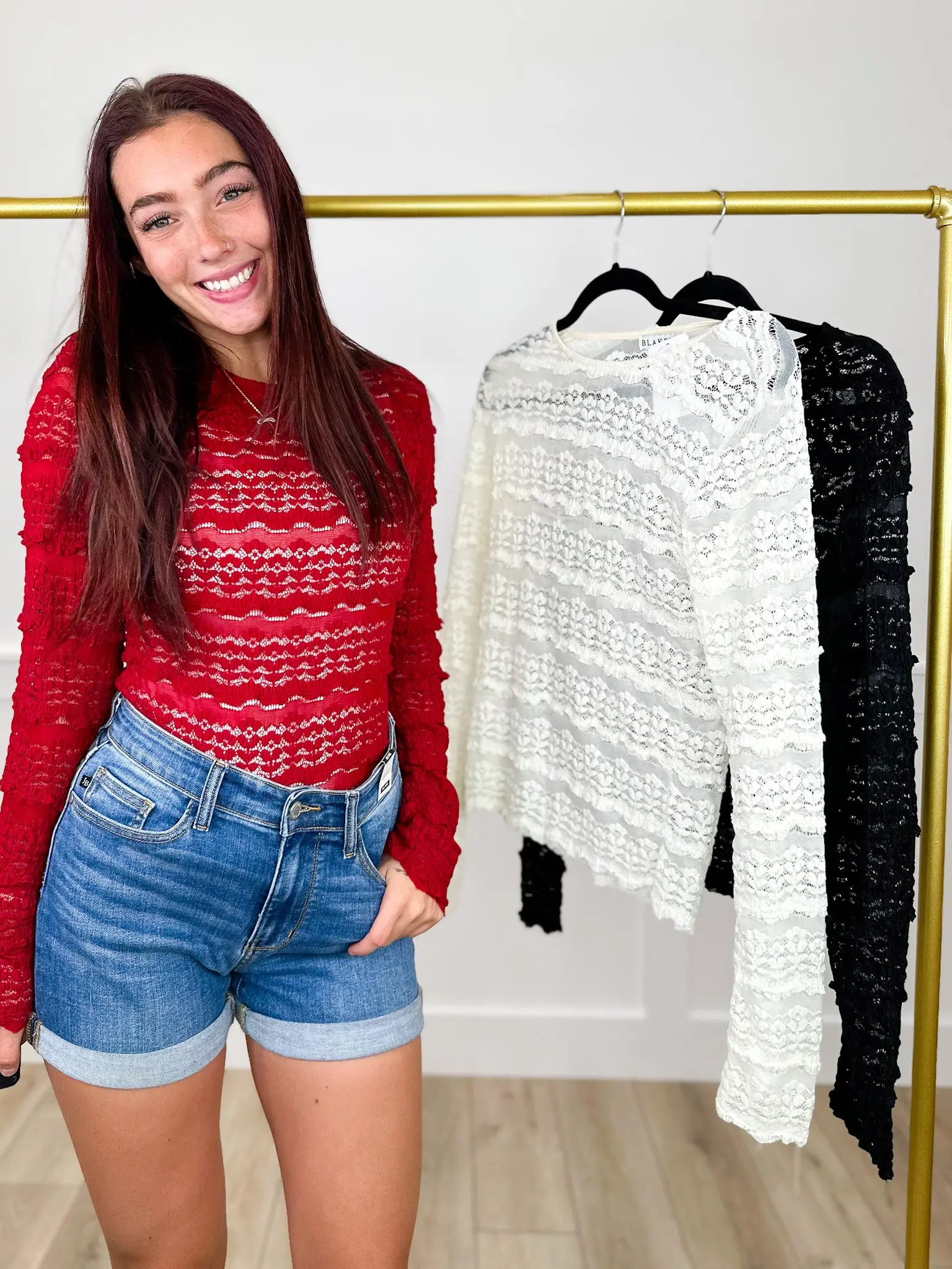 Women's Casual Long-Sleeve Avery Mae Blouse - Chic, Sheer Mesh Accents, Spandex Fabric, Tiered Design, Everyday Fit, 3 Color Options, Stylish Tops