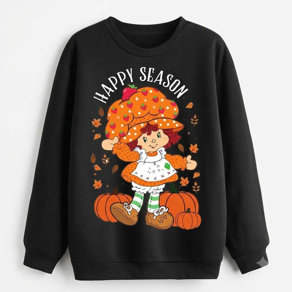 Retro Strawberry Shortcake Fall Sweatshirt, Halloween Cartoon Strawberry, Pumpkin Patch Crewneck, Funny Cartoon Sweatshirt, Spooky Season, Cute Cozy Gift for Her