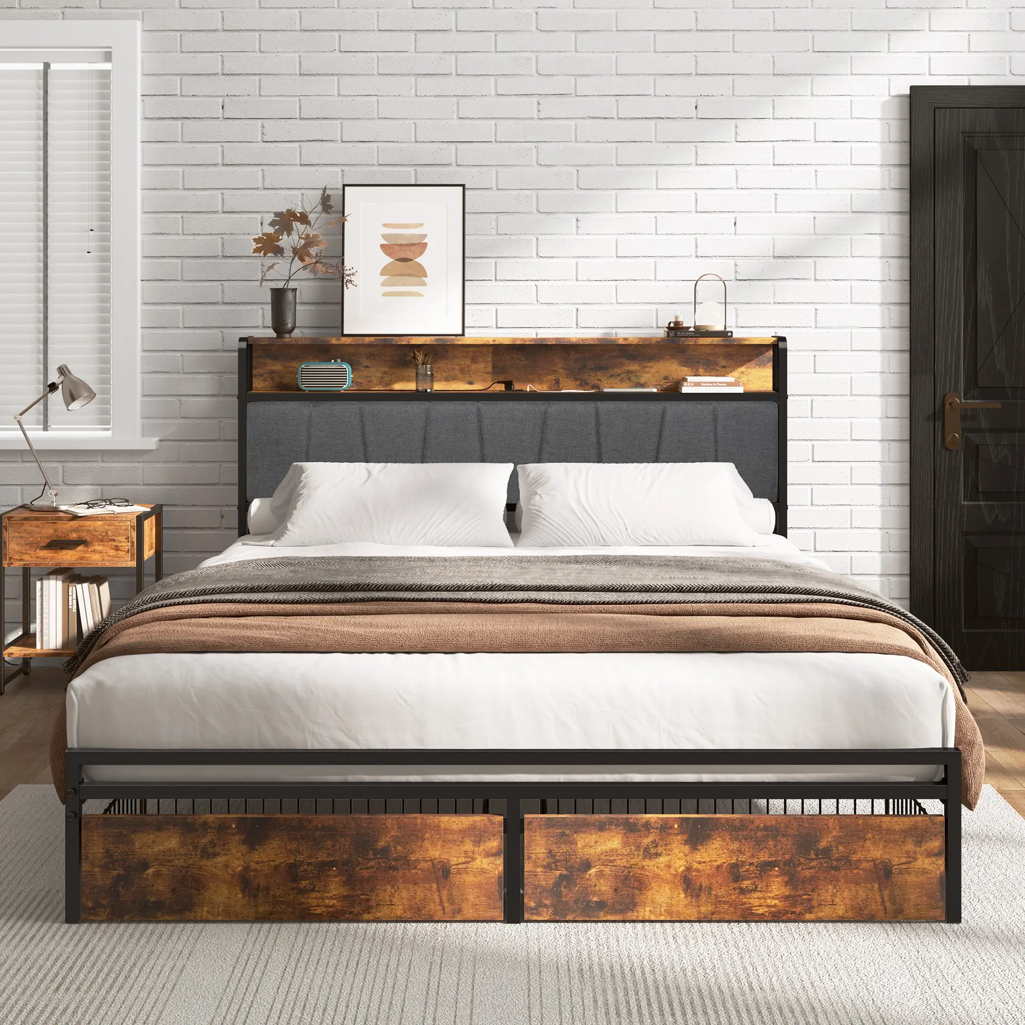 Soges Upholstered Bed Frame with Multifunctional Headboard：Integrated Storage, Charging Station, RGB LED Lights -Apartment Furniture Modern