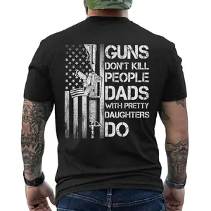 Dad With Daughters Shirt Funny Gun Quote T-Shirt Patriotic American Flag Tee Father’s Day Gift, Short Sleeve Printed Graphic Shirt, Daily Casual Cotton Menswear