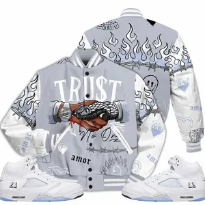 Retro White Metallic 5s Outfits Varsity Jacket, Trust No One Graphic Streetwear Sneaker Color Match Shirts