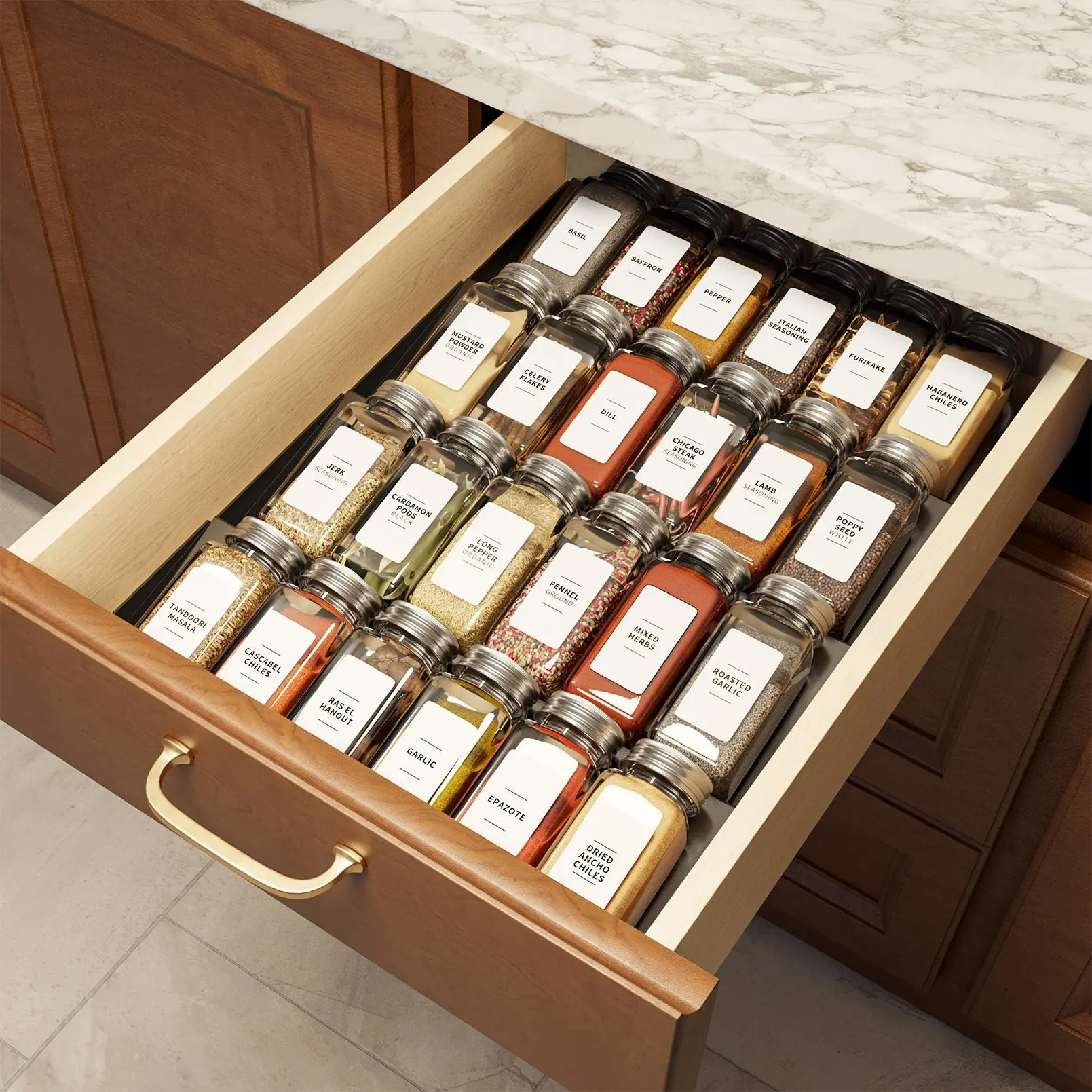 SpaceAid Best Spice Drawer Organizer with 24 Glass Spice Bottles, 11.25" Wide x 17.5" Deep