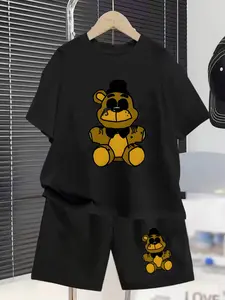 Five Nights At Freddy's Fnaf Golden Freddy Embroidery Children's Set, Summer New Design Boys' And Girls' Short-Sleeved T-Shirts + Shorts 2-Piece Set, Comfortable, Casual, Fashionable, Daily Wear, Versatile, Ideal Gift Choice