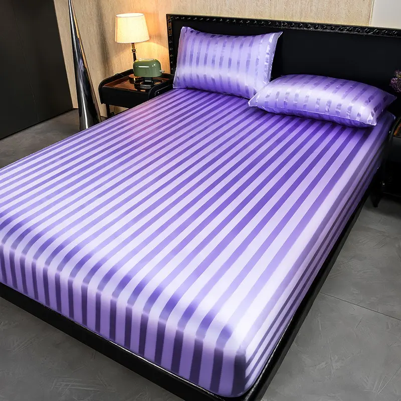 3-Piece Striped Satin Fitted Sheet Set, Bedsheet Set, Ultra-Soft Cooling Bed Sheets, 16" Deep Pockets, Wrinkle-Free, Luxury Silky Bedding