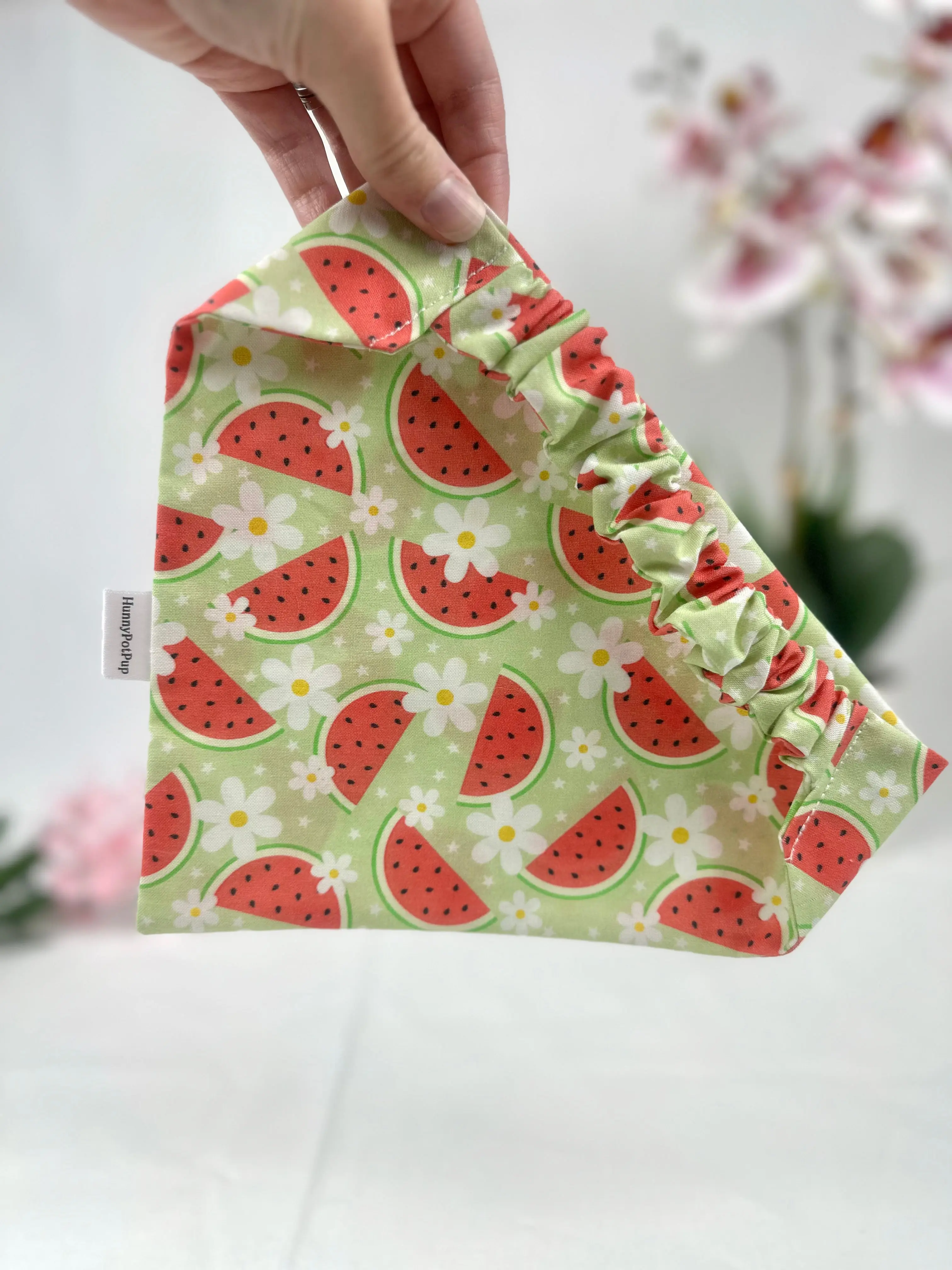 Melon Breeze Scrunchiedana®,  dog scrunchie, elastic dog bandana, user friendly dog bandana, dog accessory, slip on dog bandana