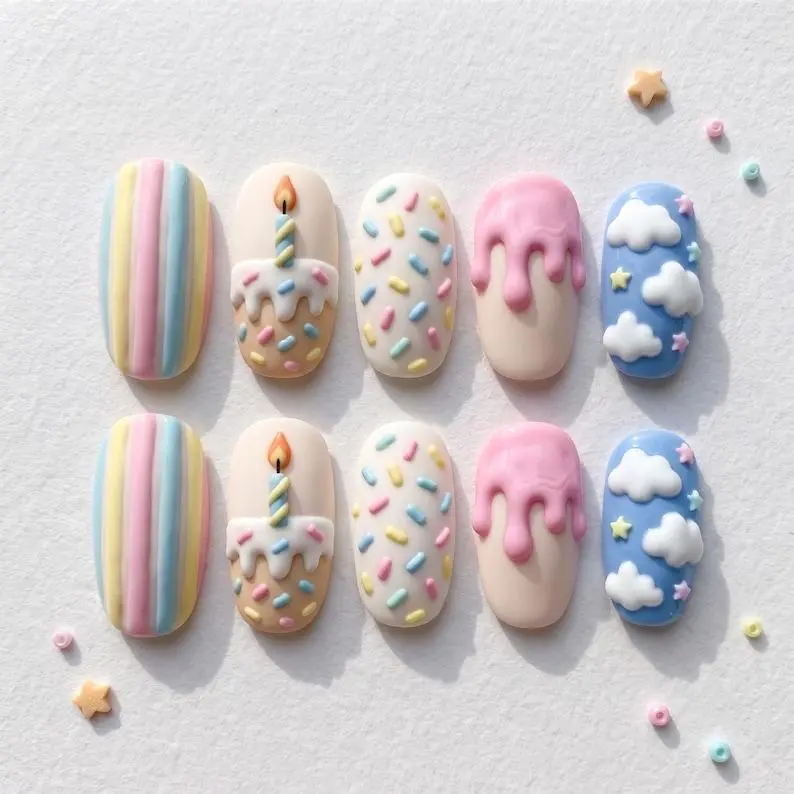 Birthday Cake Press On Nails, Cute Party Design, Fun Summer Style, Unique Gift Idea