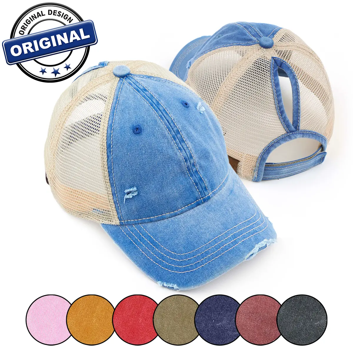 C.C Washed Mesh Back Cotton Pony Cap for Women