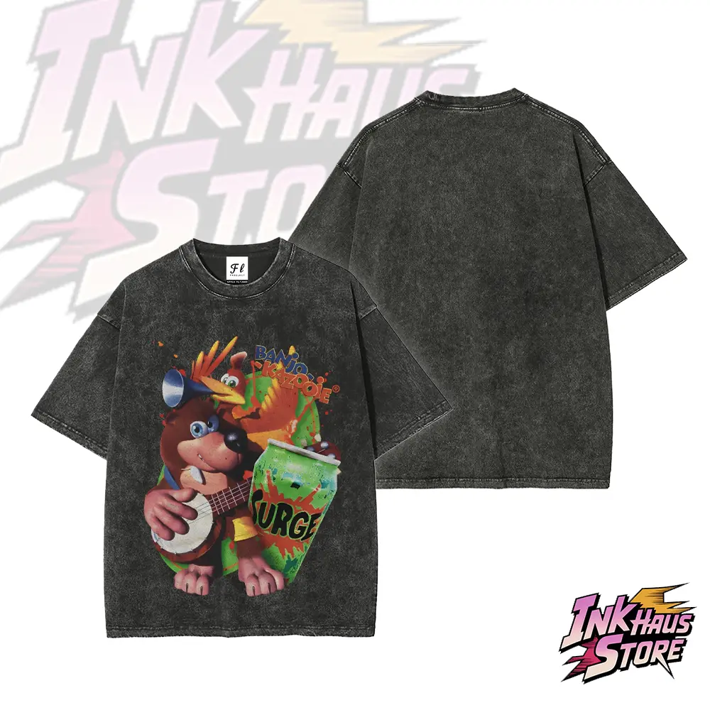 A clever combination of Banjo-Kazooie and the 90s pop drink Surge soda -- Short Sleeve Cotton Unisex Retro Wash Tee
