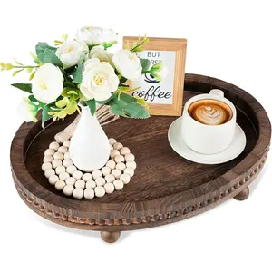 16×11.8in Wood Beaded Decorative Tray Rustic Farmhouse Serving Tray for Living Room Bathroom Kitchen Dining Table Home Decor