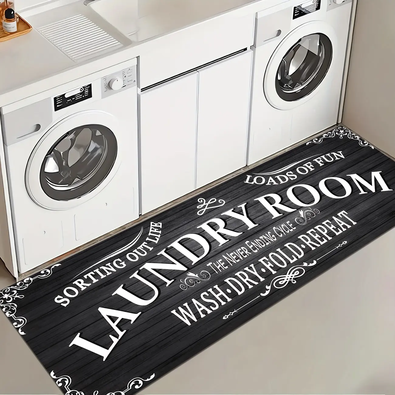 1 Pc Black Classic Laundry Room Rug Soft And Comfortable Long Strip Carpet Printed Mat Anti Slip Floor Mat Suitable For Kitchen Living Room Bedroom Sink Laundry Room Decoration Carpet Mat