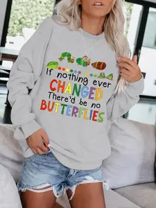 Women's Casual Fun Caterpillar Letter Print Pullover Sweater, Soft Long Sleeve Round Neck Sweatshirt, All Seasons Wear