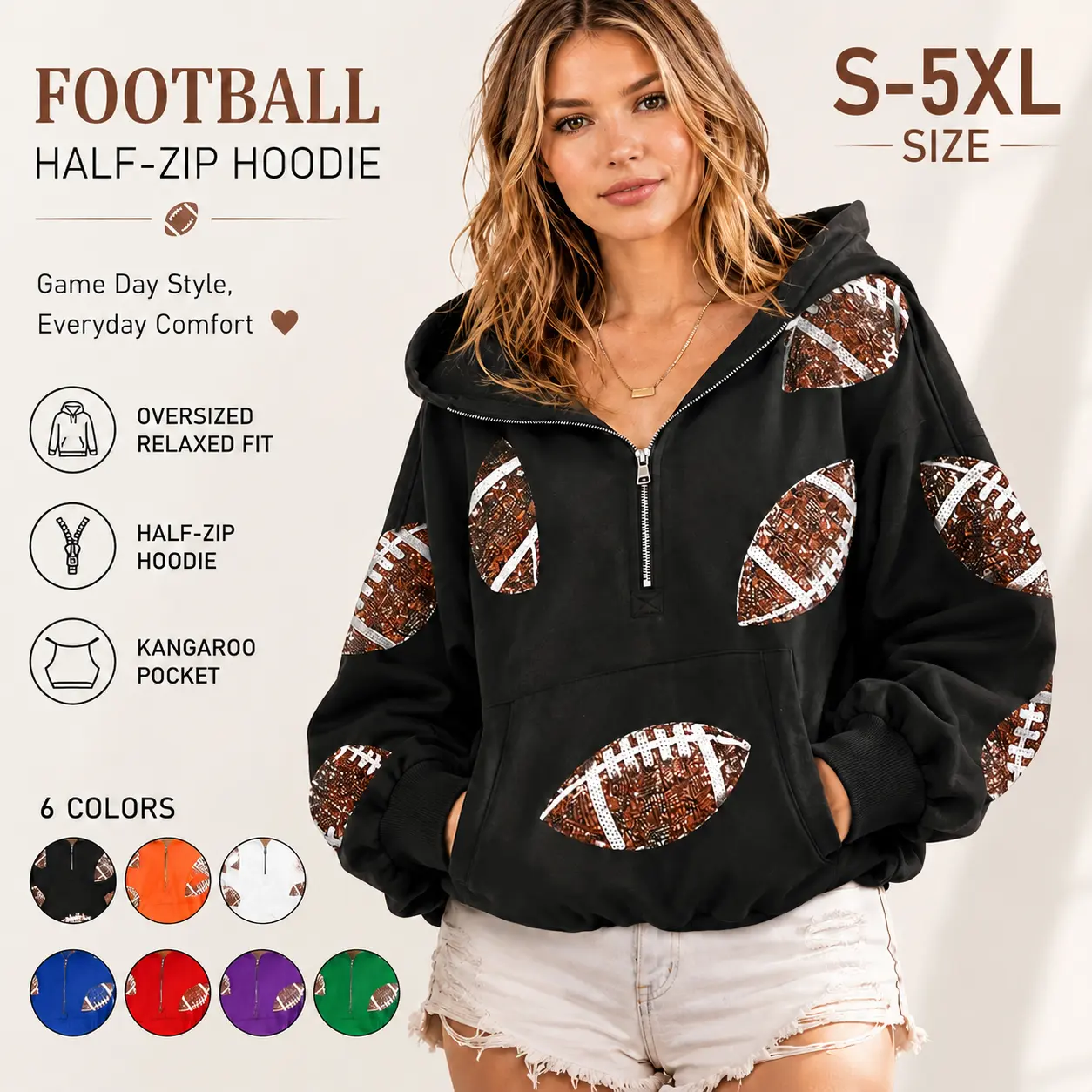 Football Print Half Zip Oversized Hoodie, Game Day Casual Pullover Hooded Sweatshirt 6 Colors S-5XL