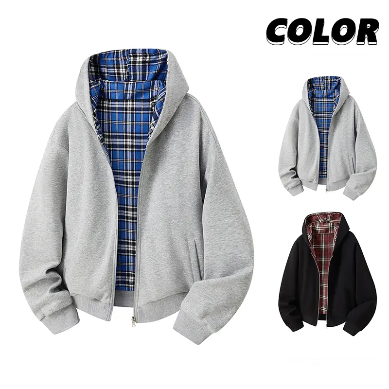 Men's Plaid Hooded Jacket, Reversible Long Sleeve Casual Streetwear Top with Zip Closure, Couple-Matching Menswear, Tops, Cotton